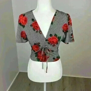 Polly & Esther Striped Floral Cropped Top Size Small